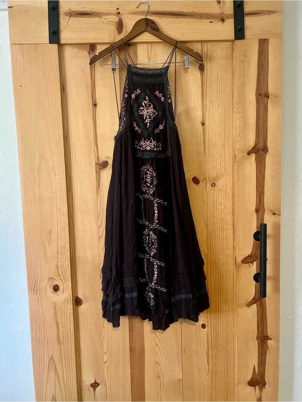 Free People Black Maxi Dress with Pink Embroidery